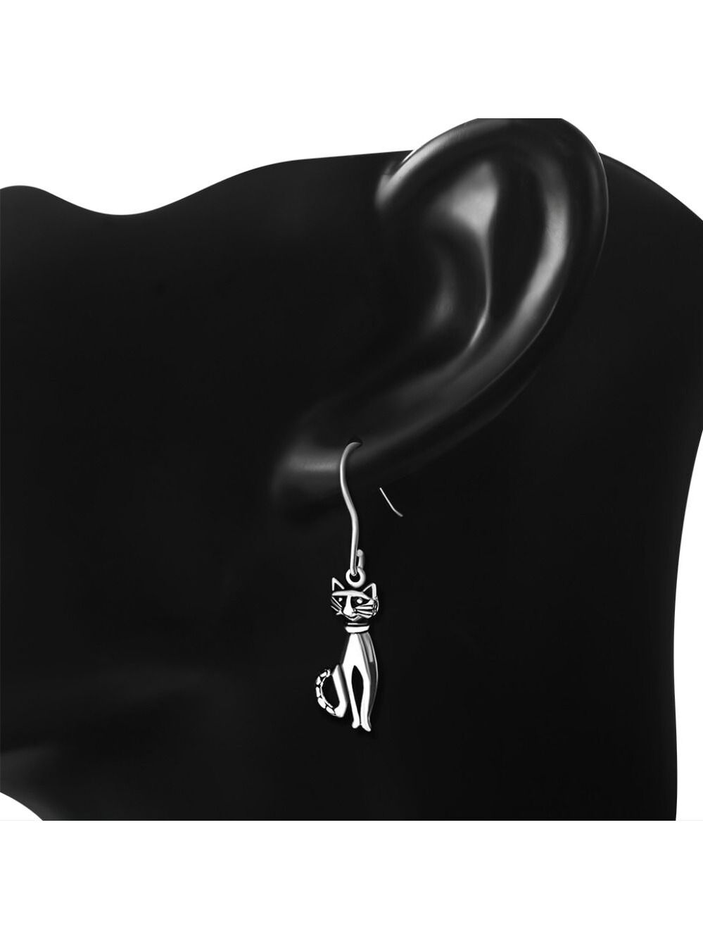 Earrings --Kitty Cat Sterling Silver Dangle Drop Hook - Picture 2 of 3